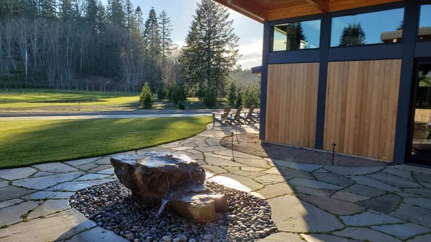 Boulder Fountain on Flagstone Patio