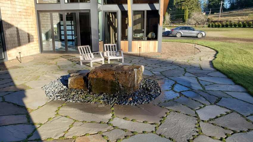 Boulder Fountain on Flagstone Patio