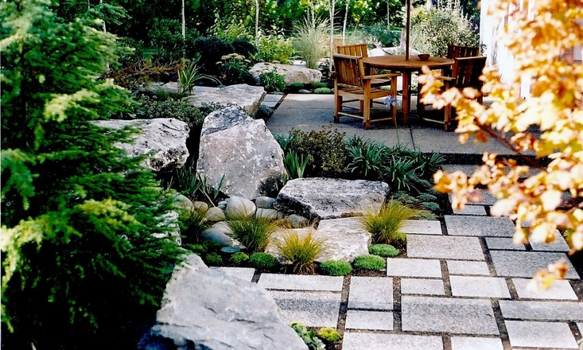 Man-made Creek with River Rock and Dimensional Aggregate Tiles